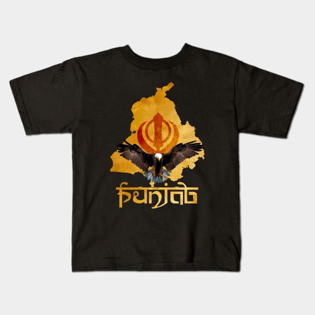 Eagle flying in front of Punjab map Kids T-Shirt by SAN ART STUDIO 